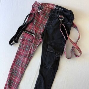 Hot Topic HT Denim Stinger Split Plaid Bondage Skinny Jeans Red Black 28x30